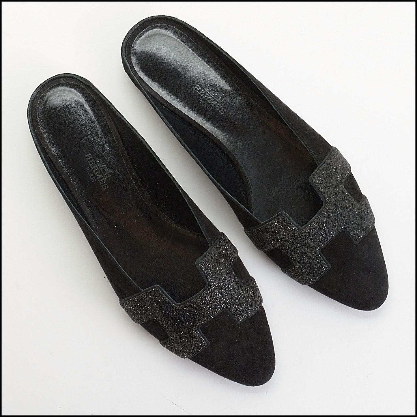 RDC14127 Authentic HERMES Black Suede Micro Crystal Roxane Mules Size 9.5