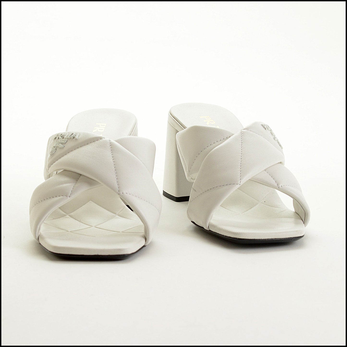 RDC15430 PRADA White Quilted Criss-Cross Sandals with Block Heel Size 39.5