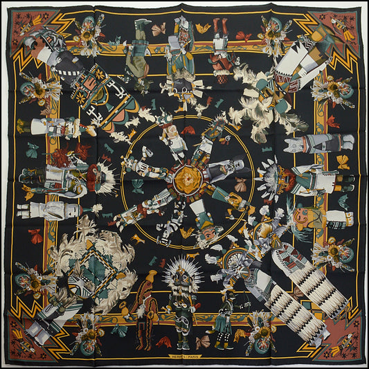 RDC14823 HERMES Black/White Kachinas 90 cm Silk Scarf Kermit Oliver