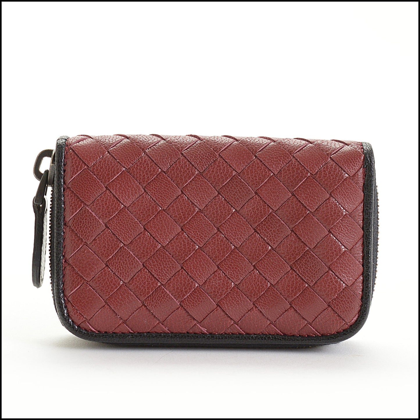 RDC14742 BOTTEGA VENETA Burgundy/Noir Trim Intrecciato Zipped Card Case Wallet