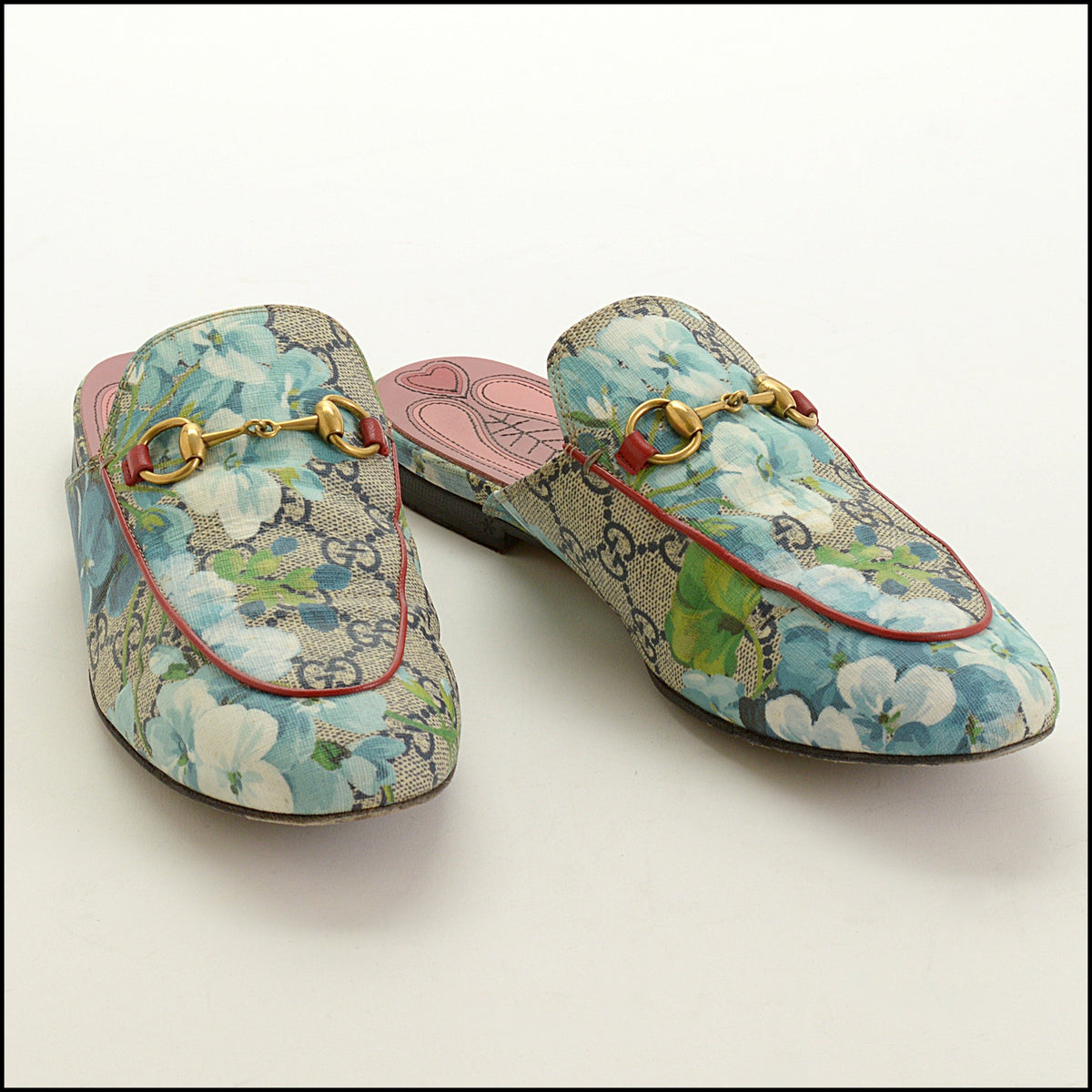 RDC15706 GUCCI Blue GG Blooms Monogram Princetown Horsebit Slipper Mules