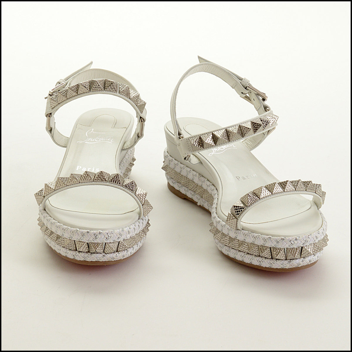 RDC15655 CHRISTIAN LOUBOUTIN White Leather Silver Studs Pyraclou Wedge Sandals Size 37