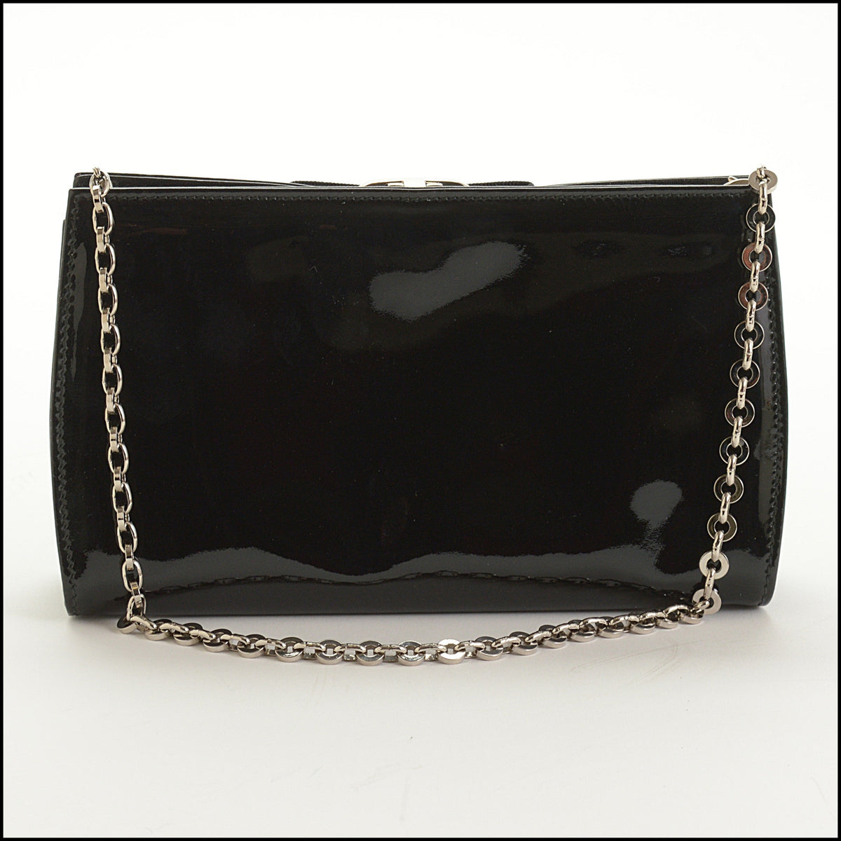 RDC15628 FERRAGAMO Black Patent Miss Vara Bow Clutch Bag