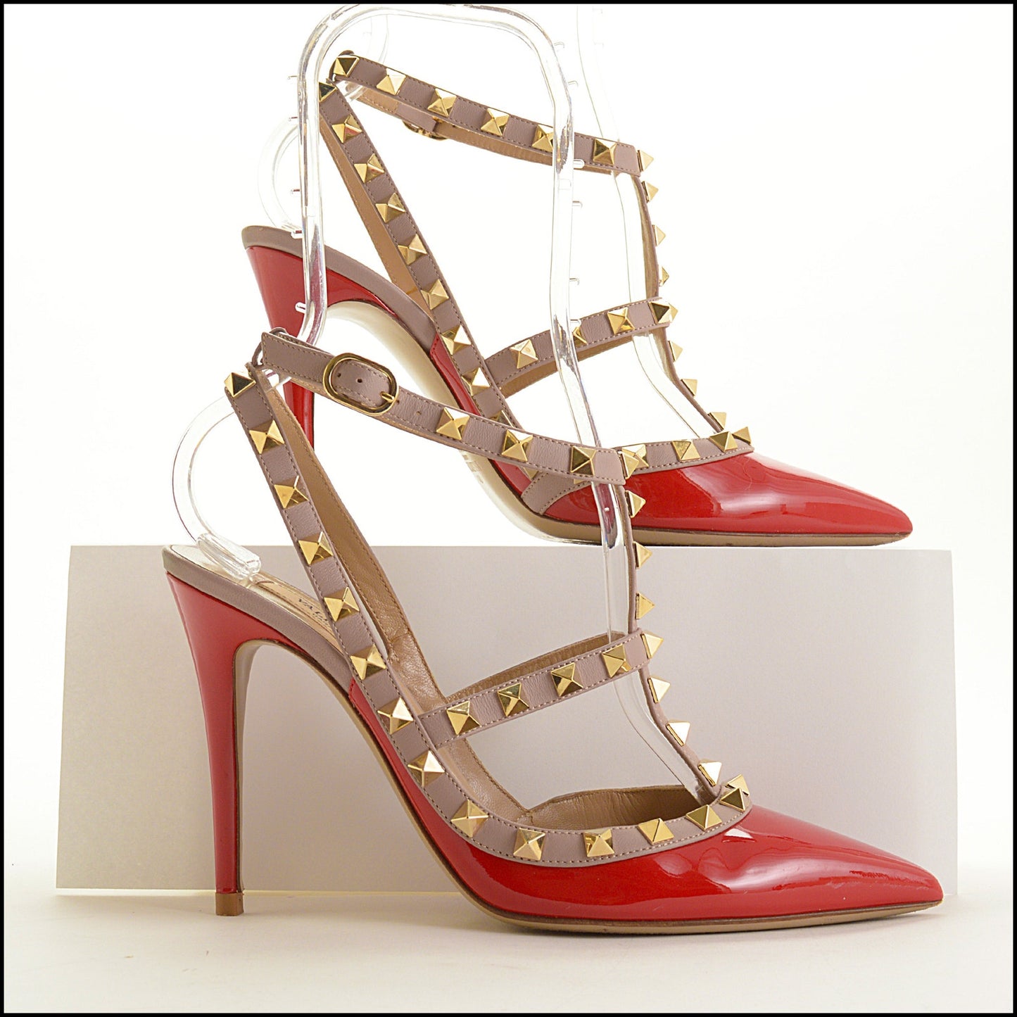 RDC15543 VALENTINO Red Patent Leather Rockstud Cage Heels Size 37.5