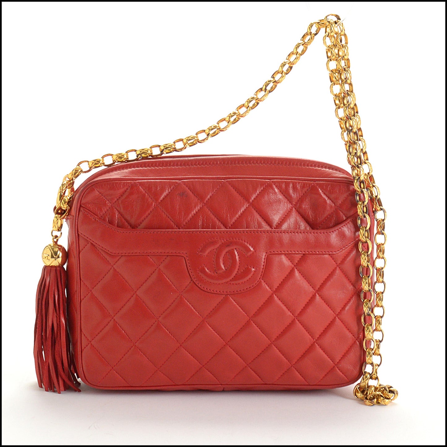 RDC14486 CHANEL Vintage '89-'91 Red Lambskin Quilted Camera Bag