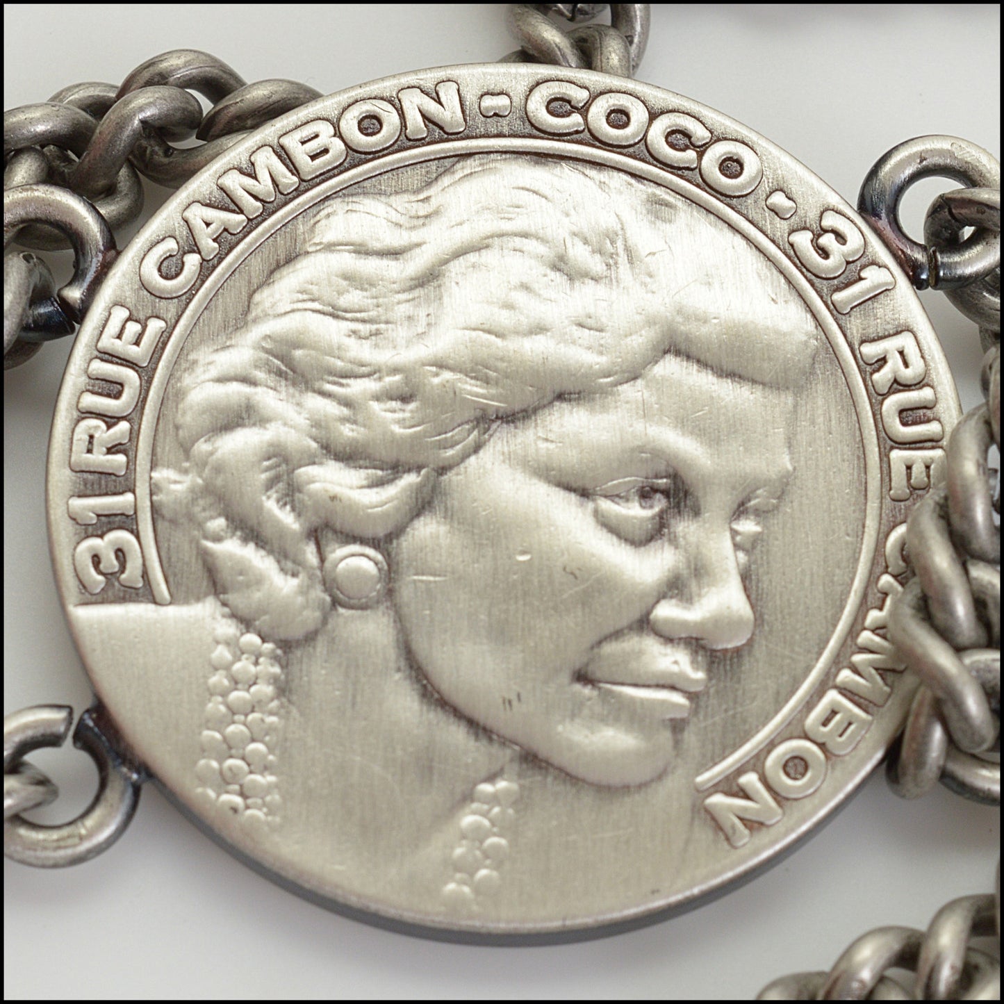 RDC14935 CHANEL Silver Medallion Chain Belt Size 90