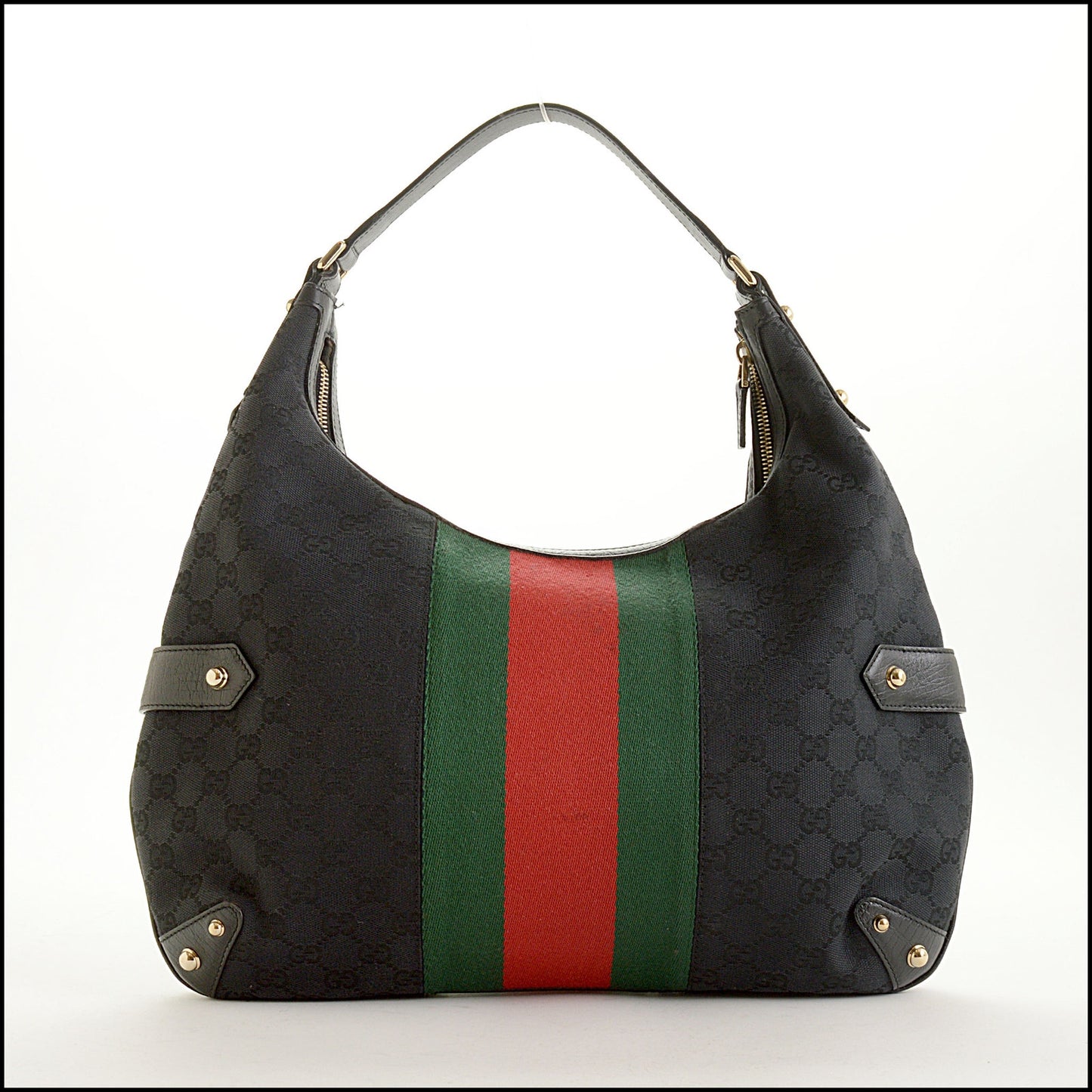RDC15595 GUCCI Black GG Canvas Red/Gree Web Stripe Horsebit Hobo Bag