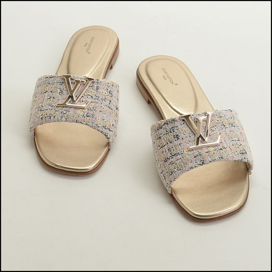 RDC15303 LOUIS VUITTON Pink and Gold Tweed Mare Sequin Mule Flats Size 39.5