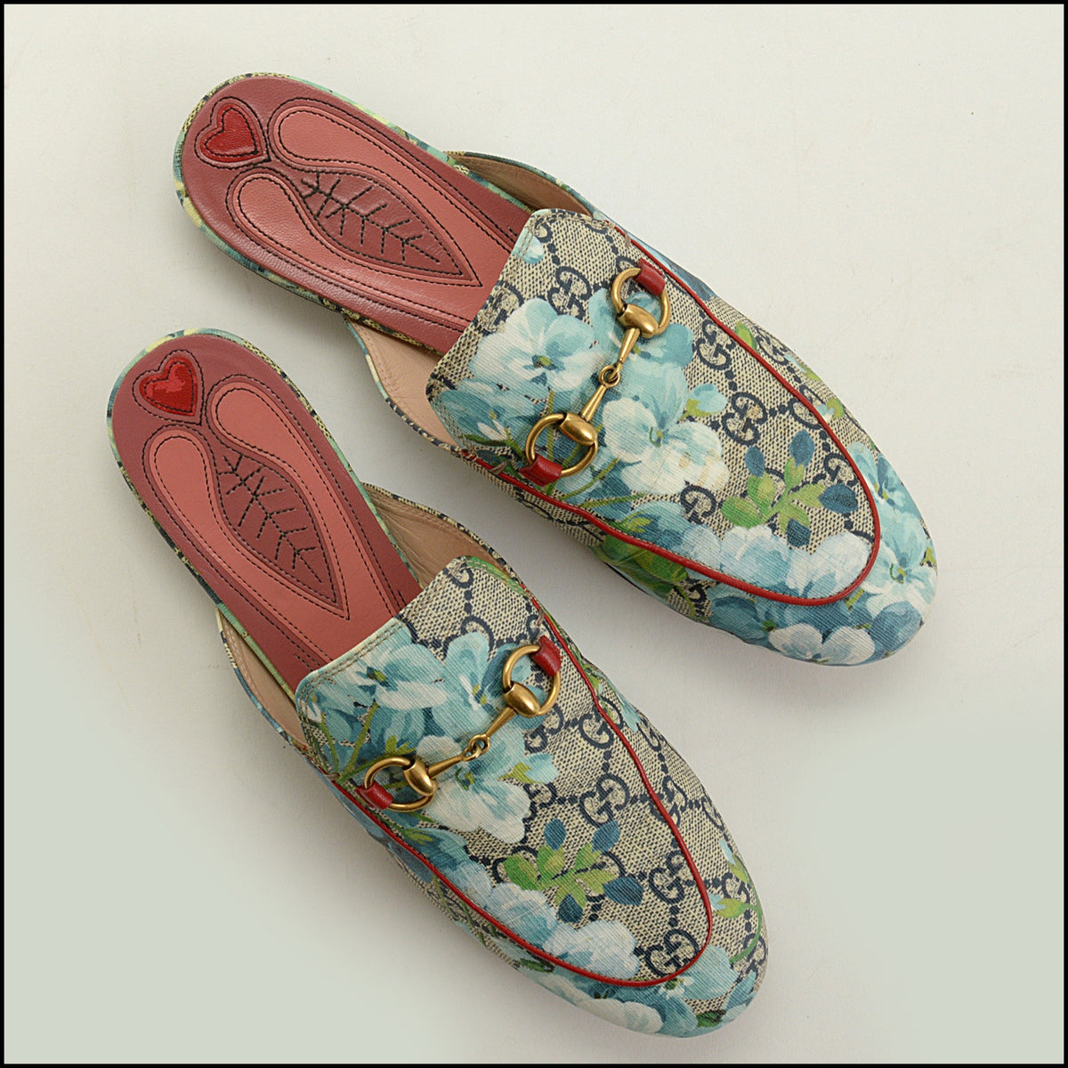 RDC15706 GUCCI Blue GG Blooms Monogram Princetown Horsebit Slipper Mules