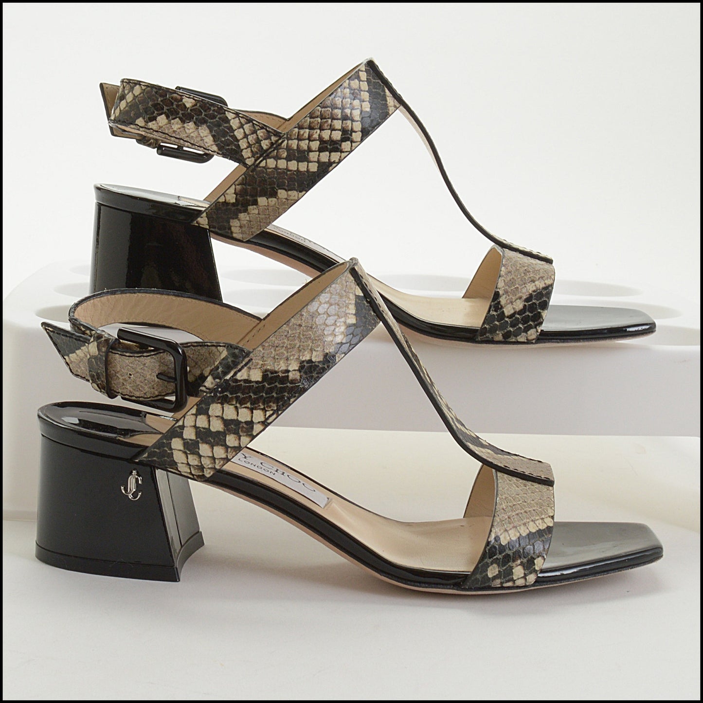 RDC14559 JIMMY CHOO Black/Grey Snakeskin Ankle Strap Sandals Size 36.5
