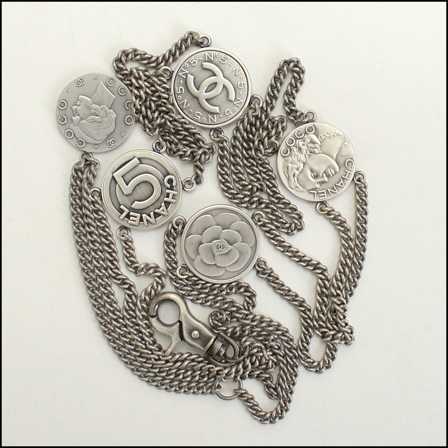 RDC14935 CHANEL Silver Medallion Chain Belt Size 90