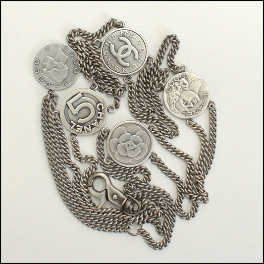 RDC14935 CHANEL Silver Medallion Chain Belt Size 90