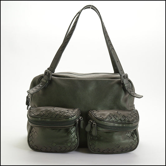 RDC14492 Bottega Veneta Metallic Green Lambskin Double Pocket Bag