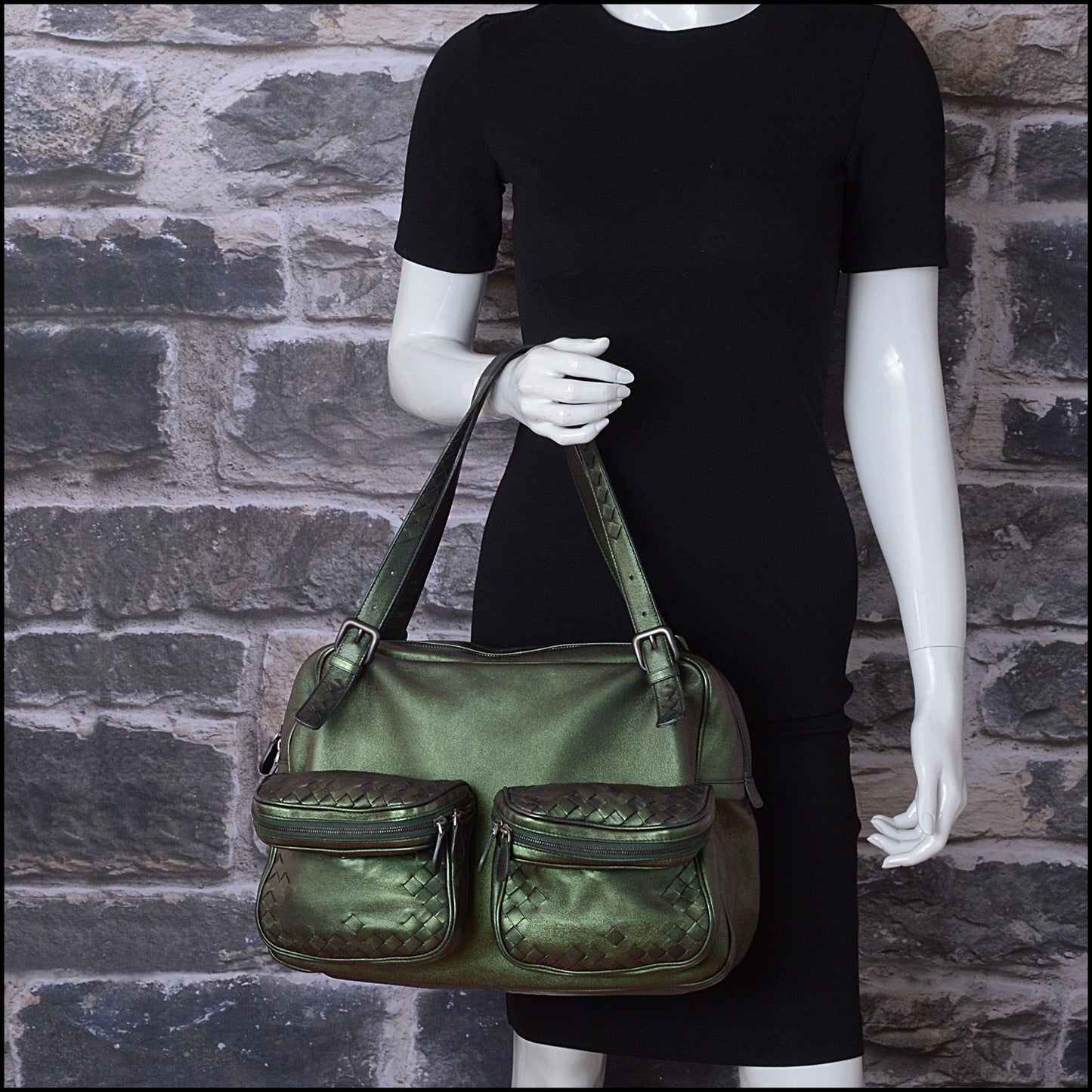 RDC14492 Bottega Veneta Metallic Green Lambskin Double Pocket Bag