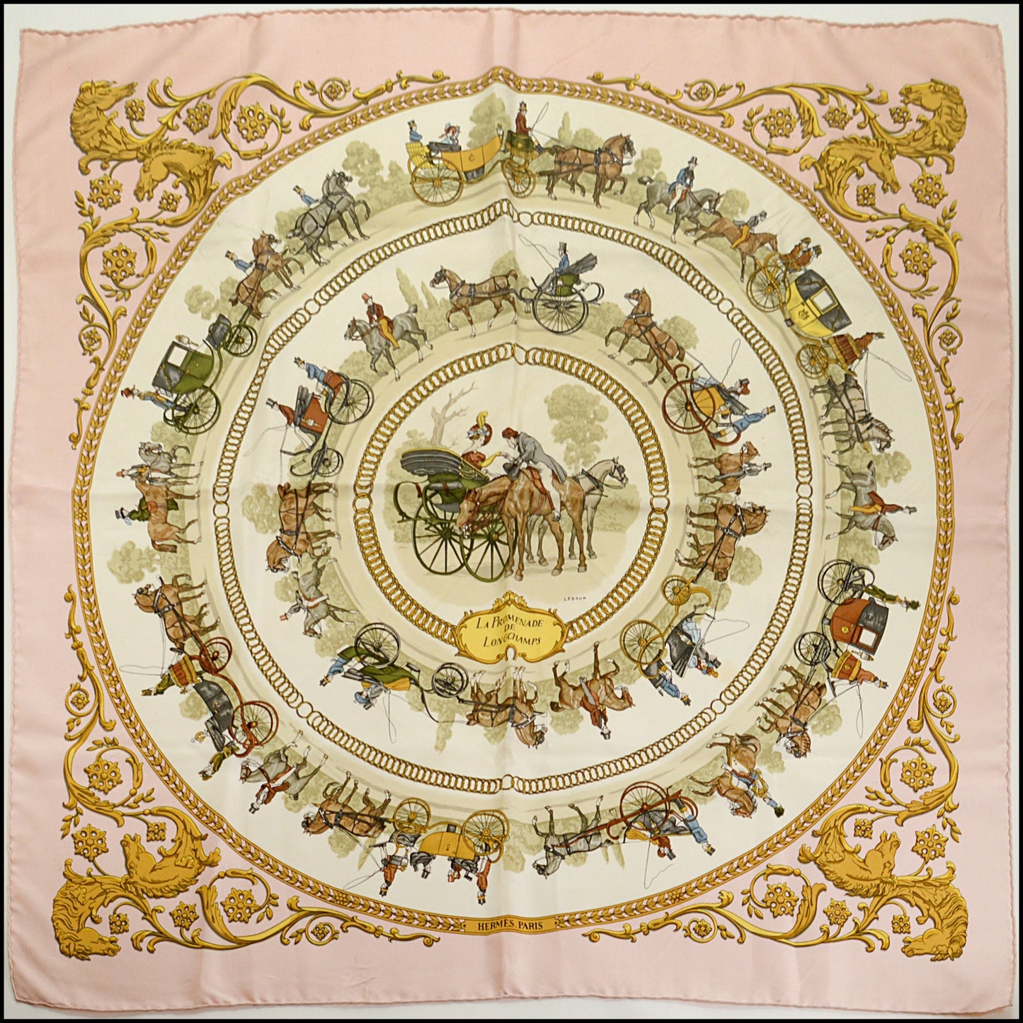 RDC15094 HERMES Vintage Pink/White "La Promenade de Longchamp" 90 Silk Scarf
