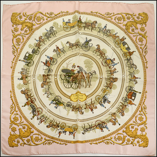 RDC15094 HERMES Vintage Pink/White "La Promenade de Longchamp" 90 Silk Scarf