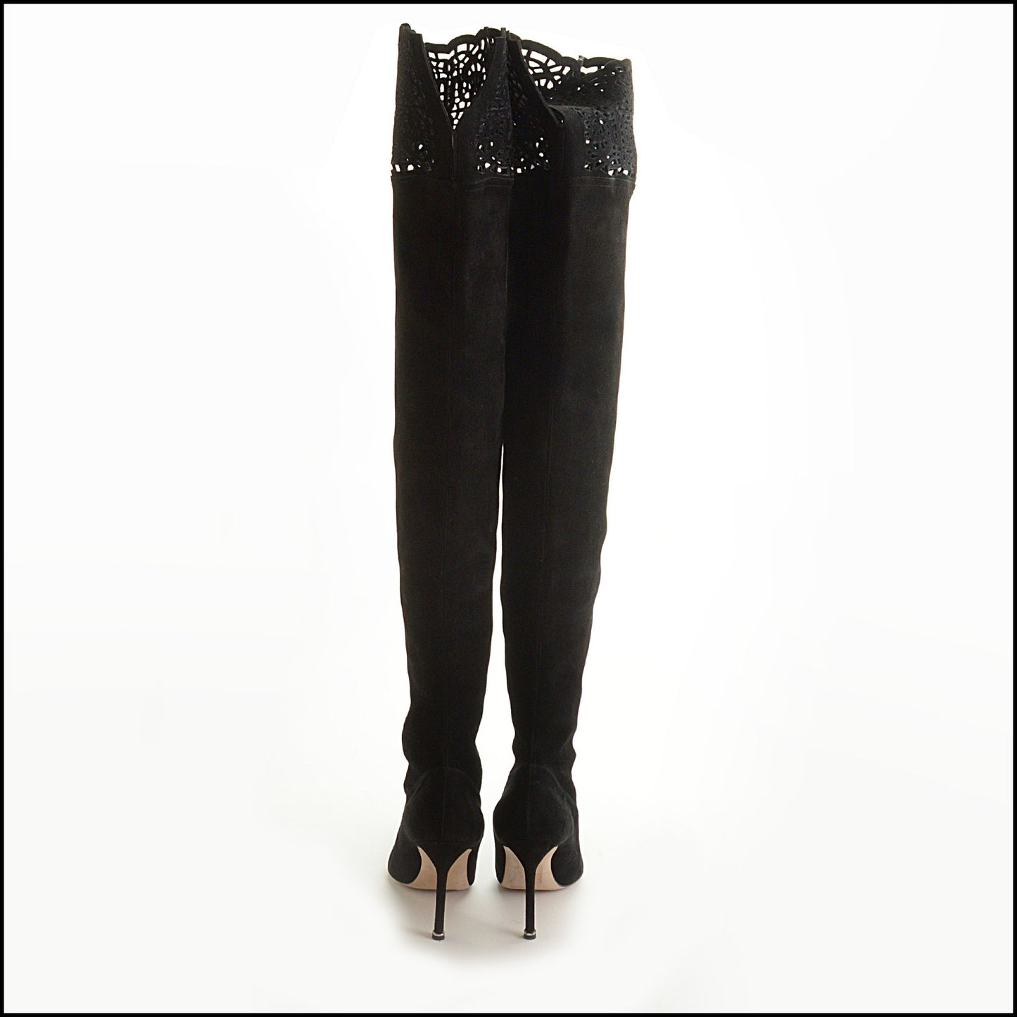 RDC15299 MANOLO BLAHNIK Black Suede Laser-Cut Over The Knee Boots Size 40