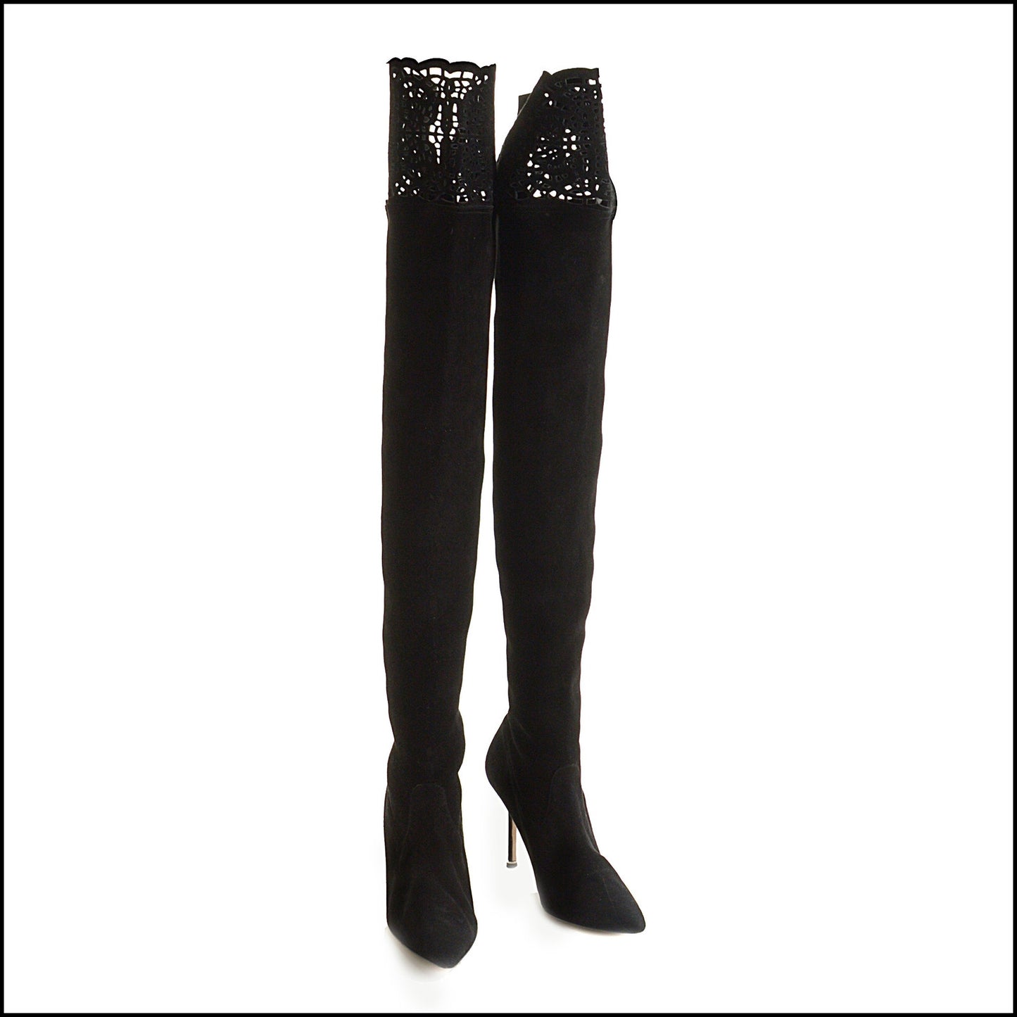 RDC15299 MANOLO BLAHNIK Black Suede Laser-Cut Over The Knee Boots Size 40
