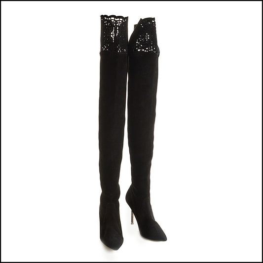 RDC15299 MANOLO BLAHNIK Black Suede Laser-Cut Over The Knee Boots Size 40
