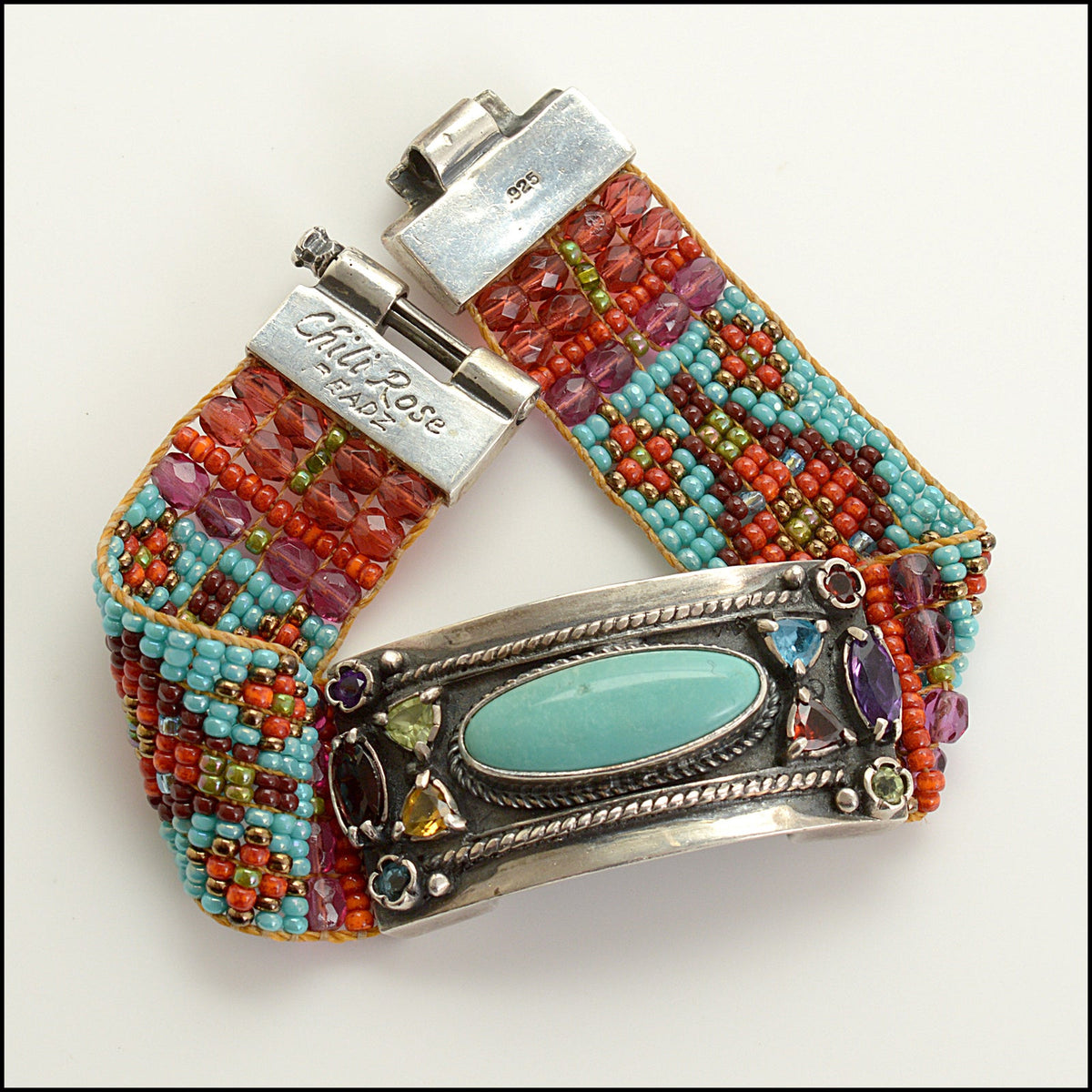 RDC15730 CHILI ROSE BEADZ Sterling Silver/Torquoise/Multicolor Semi-Precious Stones & Beaded Bracelet