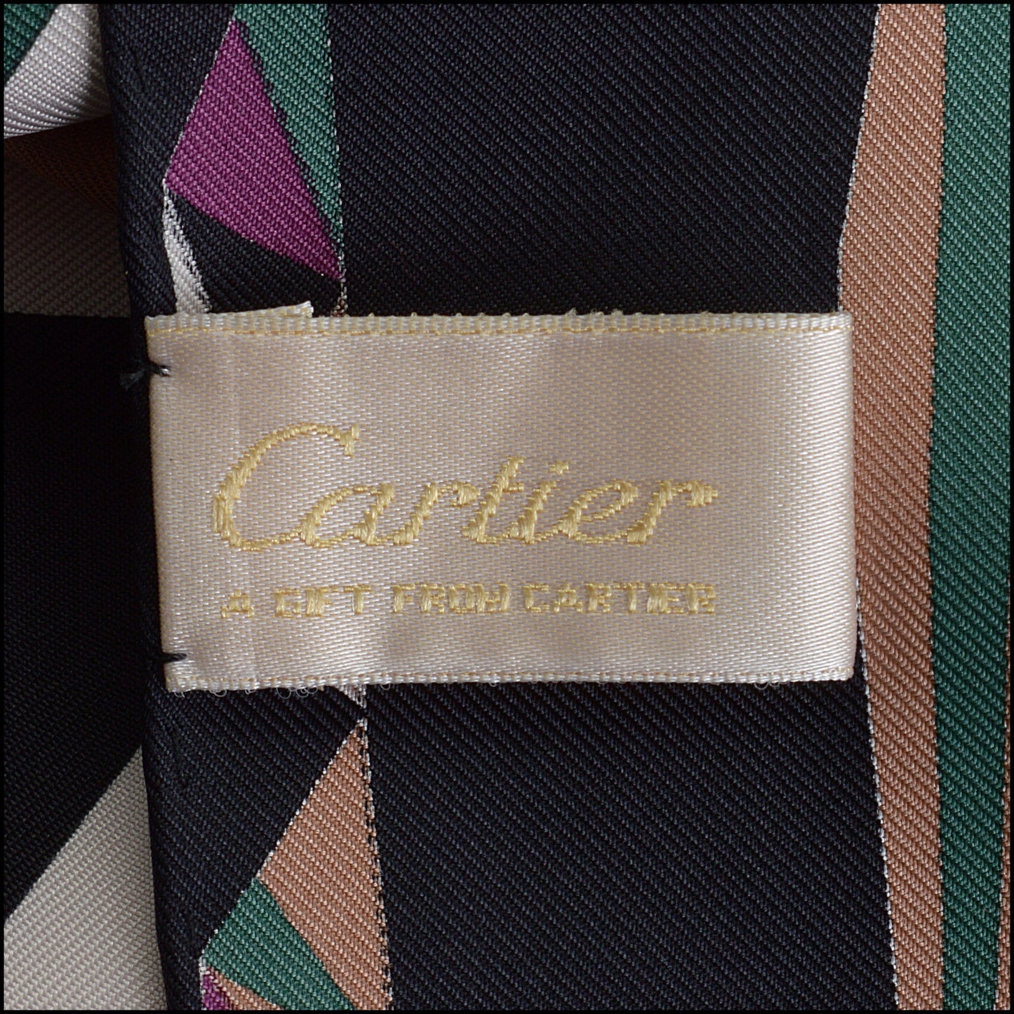 RDC14250 Authentic CARTIER Black/Green/Purple/Tan Triangles 90cm Silk Scarf
