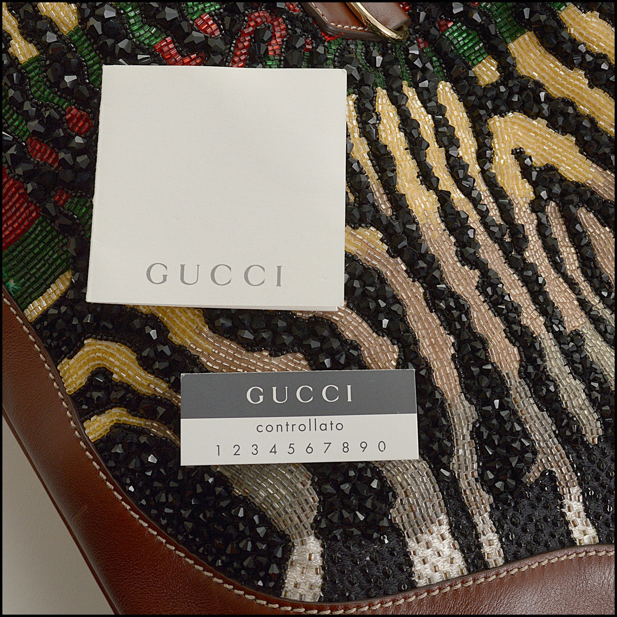 RDC15670 GUCCI Brown Leather Beaded Zebra Web Bag