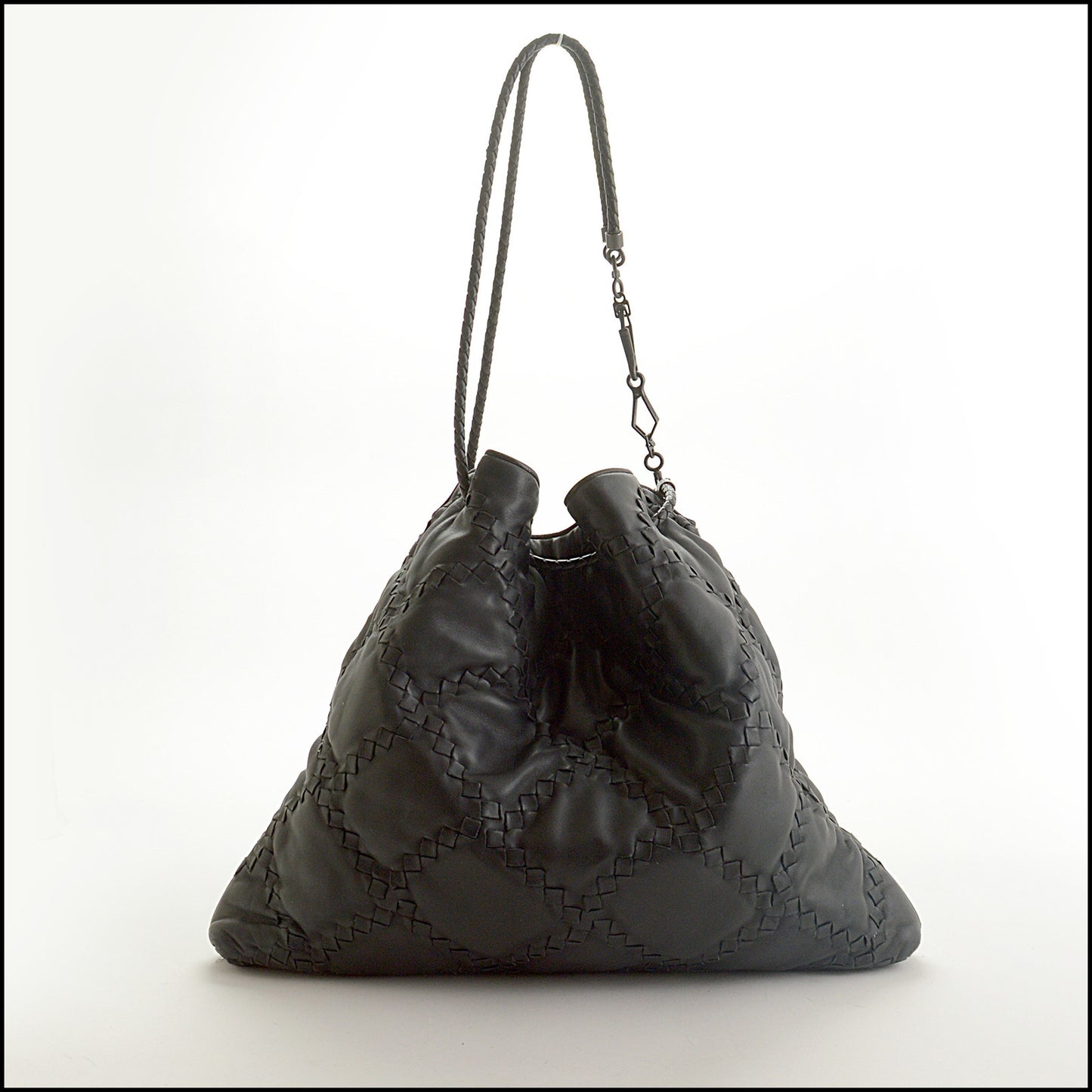 RDC15312 BOTTEGA VENETA '08 Black Intrecciato Nappa Leather Drawstring Tote Bag