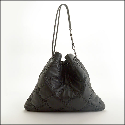 RDC15312 BOTTEGA VENETA '08 Black Intrecciato Nappa Leather Drawstring Tote Bag