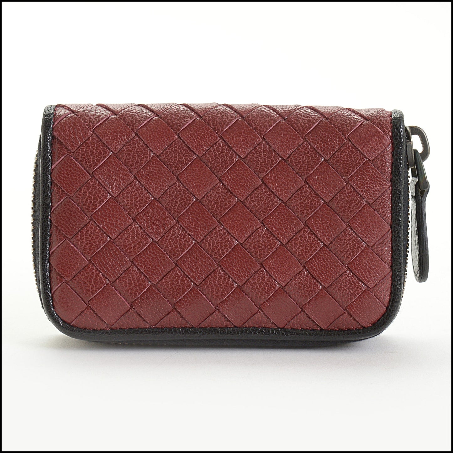 RDC14742 BOTTEGA VENETA Burgundy/Noir Trim Intrecciato Zipped Card Case Wallet