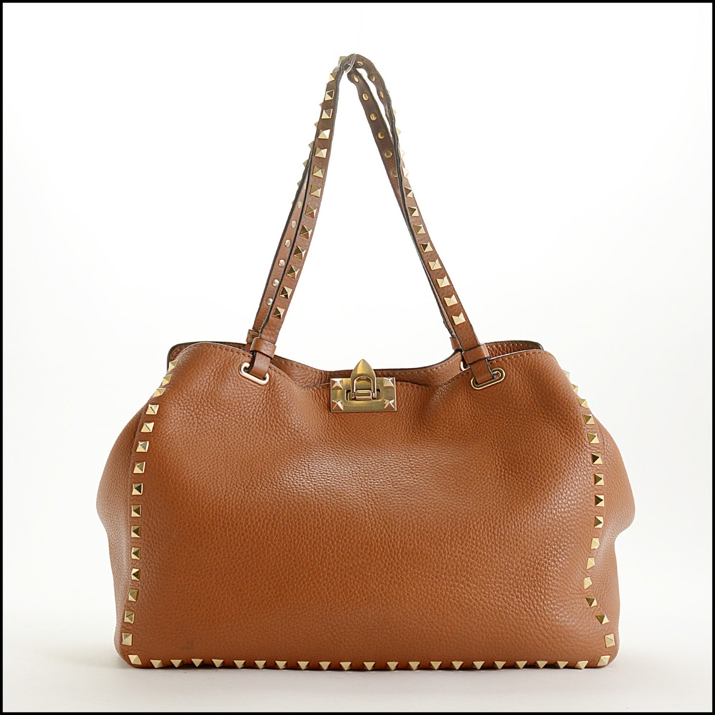 RDC15544 VALENTINO Saddle Brown Grainy Calfskin Rockstud Tote Medium