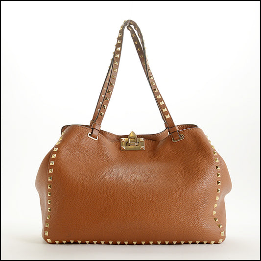 RDC15544 VALENTINO Saddle Brown Grainy Calfskin Rockstud Tote Medium