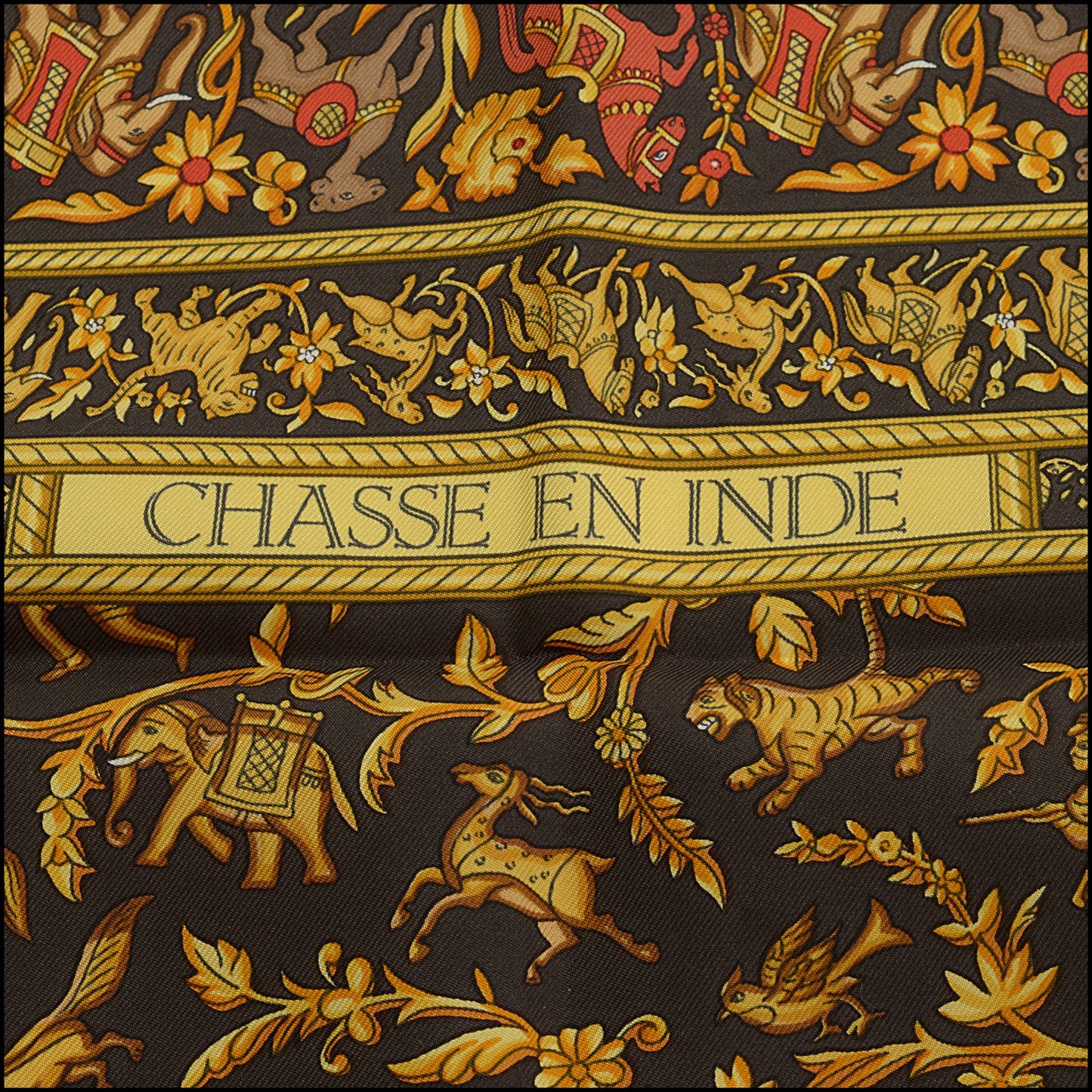 RDC15269 HERMES Dark Brown/Gold "Chasse en Inde" Silk Scarf 90cm