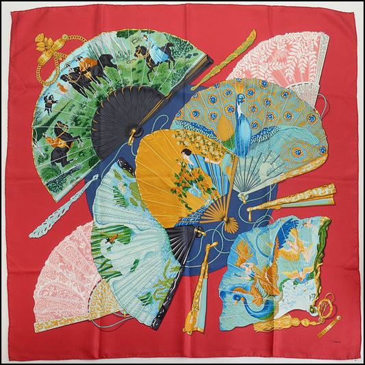 RDC14792 HERMES Red "Brise de Charme" Fans Silk Scarf 90 cm