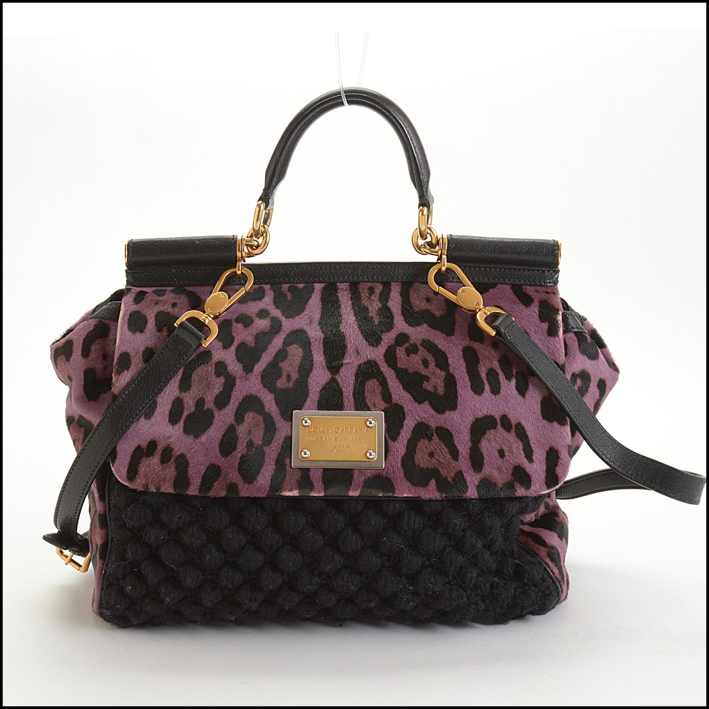 RDC14718 DOLCE & GABBANA Purple/Black Leopard Print Calf Hair Pony Knit Miss Sicily Satchel