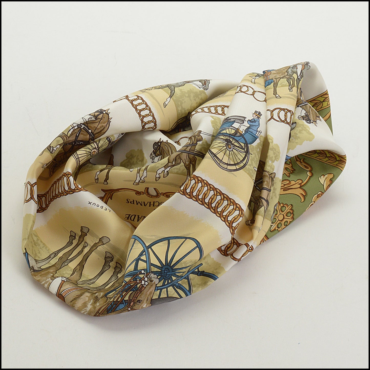 RDC14886 HERMES Green/White "La Promenade de Longchamps" 90cm Scarf