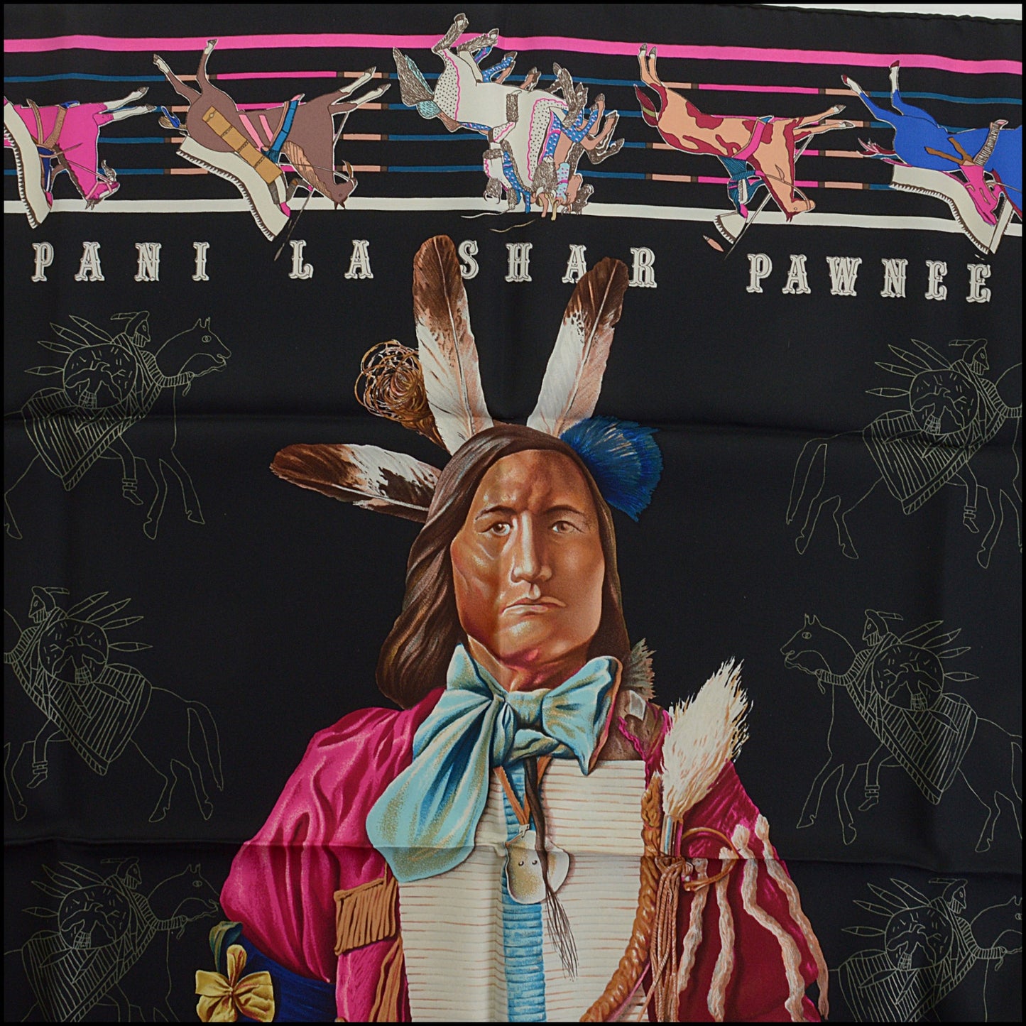RDC14476 Hermes 90cm "Pani La Shar Pawnee" Black Silk Scarf by Kermit Oliver