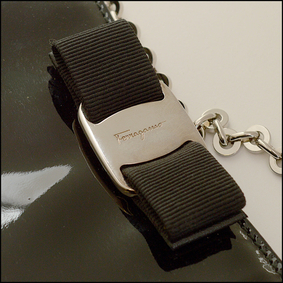 RDC15628 FERRAGAMO Black Patent Miss Vara Bow Clutch Bag