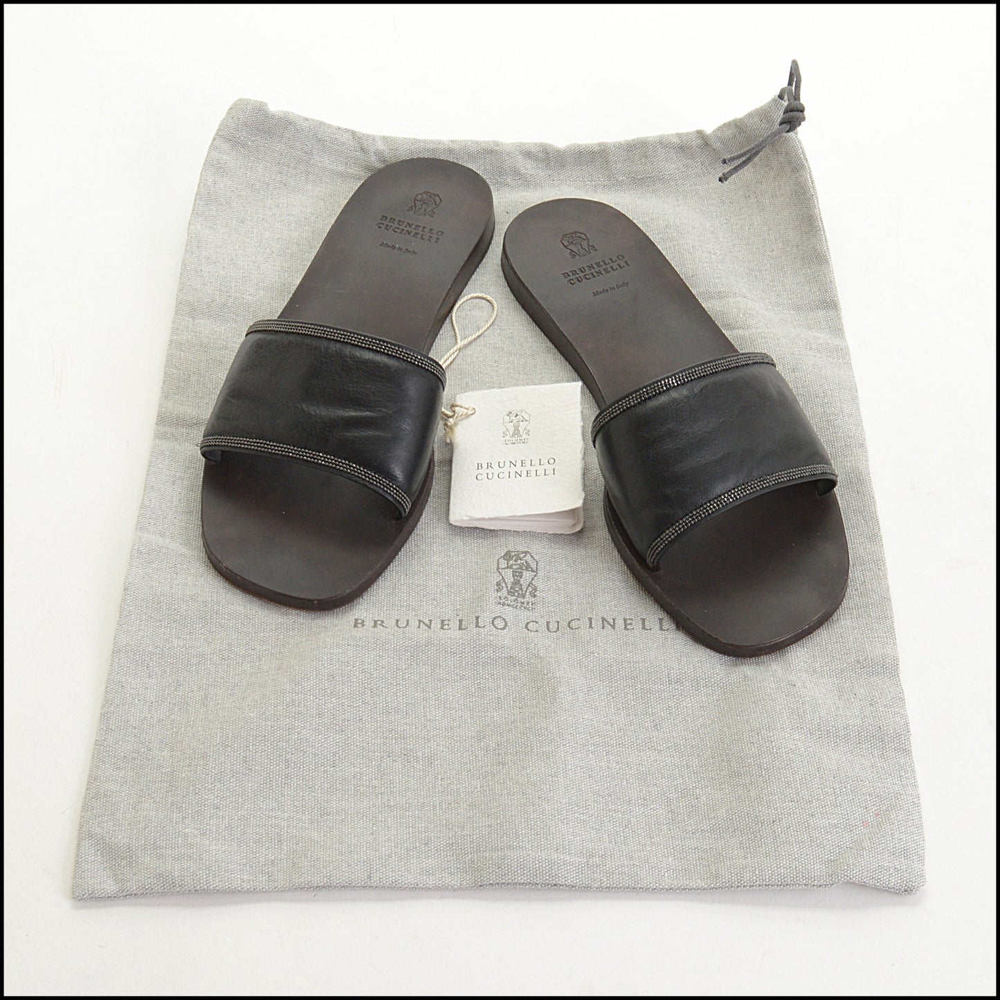 RDC14961 Authentic BRUNELLO CUCINELLI Black Leather Monili-Embellished Slides Size 38
