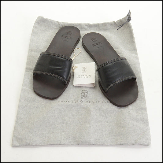RDC14961 Authentic BRUNELLO CUCINELLI Black Leather Monili-Embellished Slides Size 38