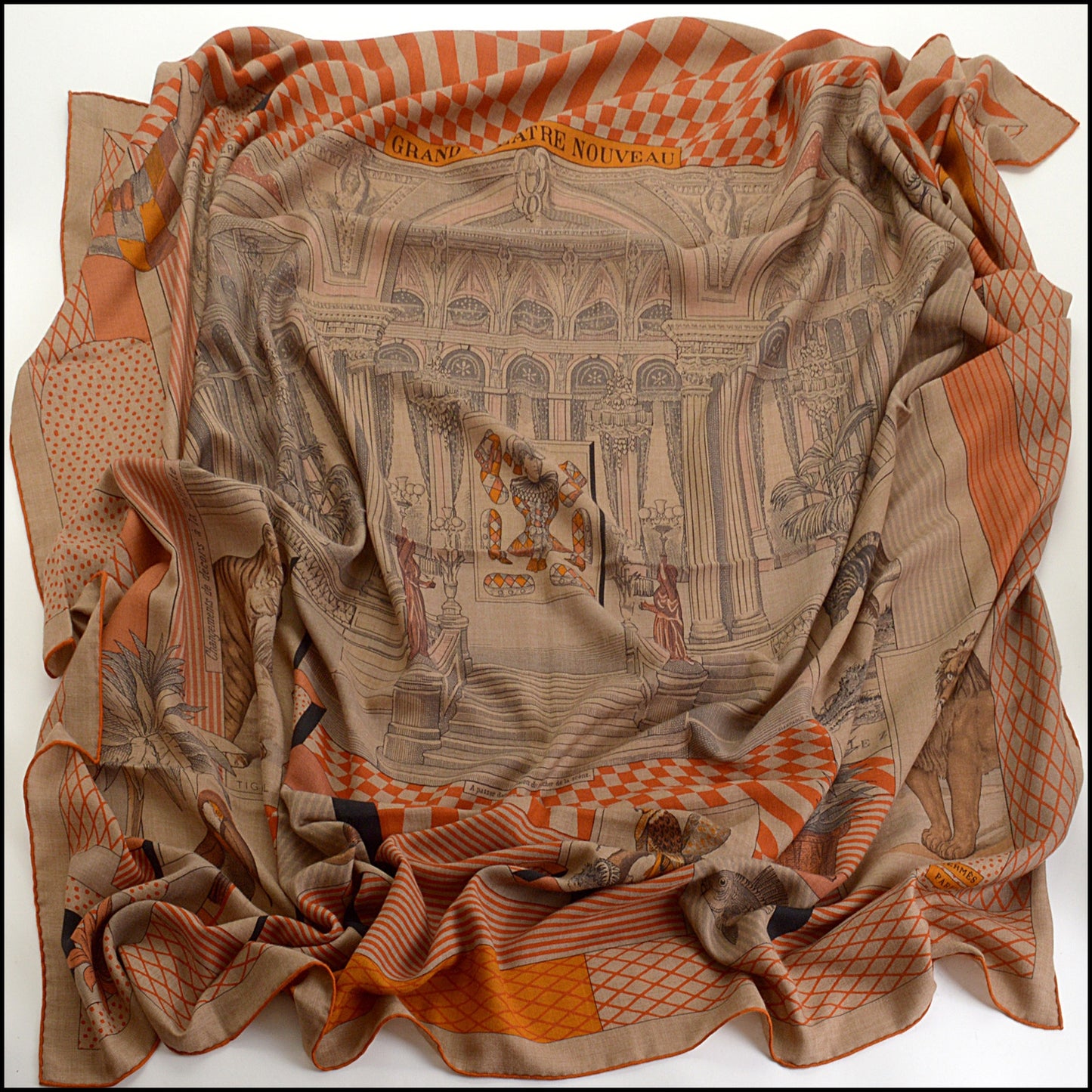 RDC14923 HERMES Orange/Beige Cashmere Silk "Grand Theatre Nouveau" 140 Large Shawl/Scarf