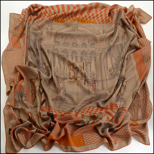 RDC14923 HERMES Orange/Beige Cashmere Silk "Grand Theatre Nouveau" 140 Large Shawl/Scarf