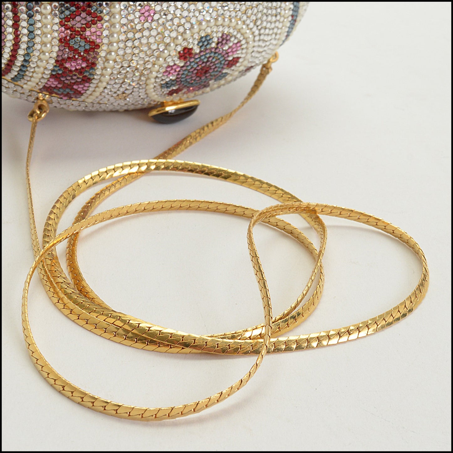 RDC14971 JUDITH LEIBER Mosaic Decorated Egg Crystal & Pearl Minaudiere Bag