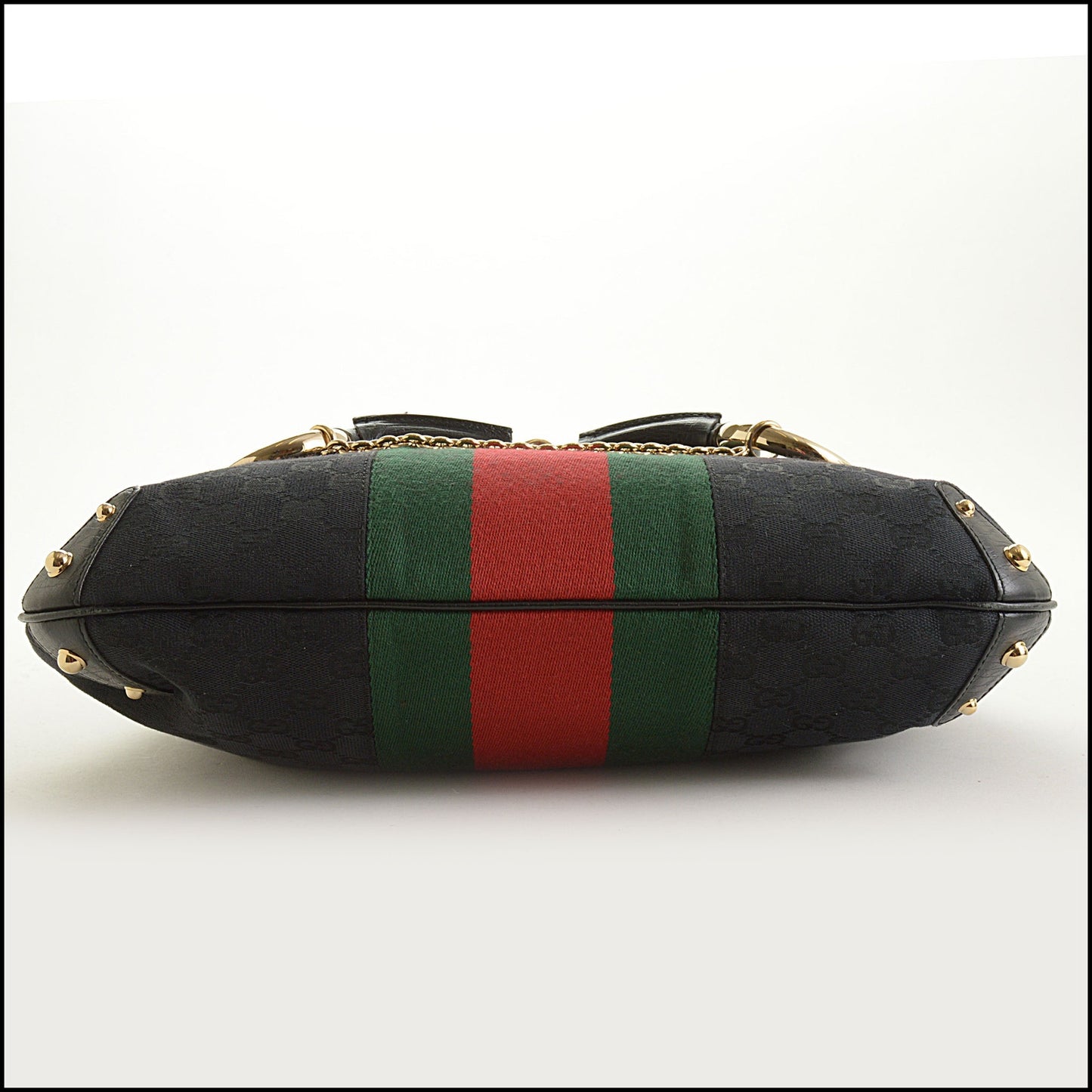 RDC15595 GUCCI Black GG Canvas Red/Gree Web Stripe Horsebit Hobo Bag