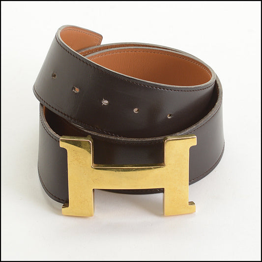 RDC14927 HERMES Dark Brown Leather Gold H Buckle Constance Belt Size XS 75/30