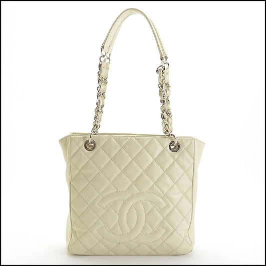 RDC14116 Authentic CHANEL White Caviar Leather Petite Shopping Tote Bag