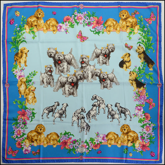 RDC14803 GIANNI VERSACE Vintage Bright & Pale Blue Dogs Silk Scarf
