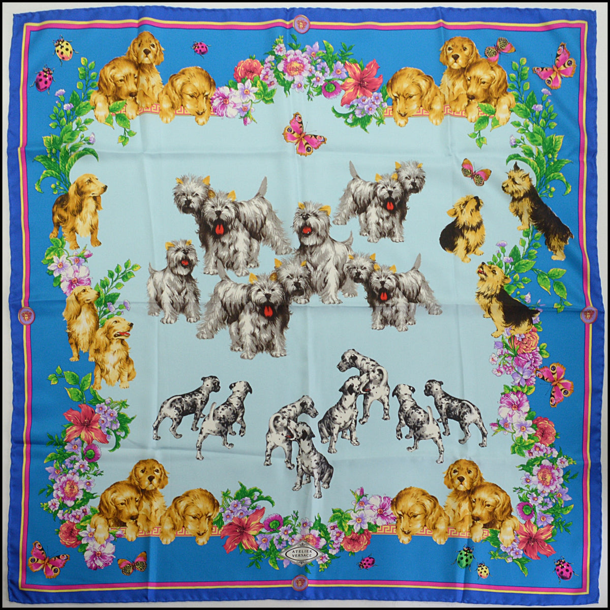 RDC14803 GIANNI VERSACE Vintage Bright & Pale Blue Dogs Silk Scarf