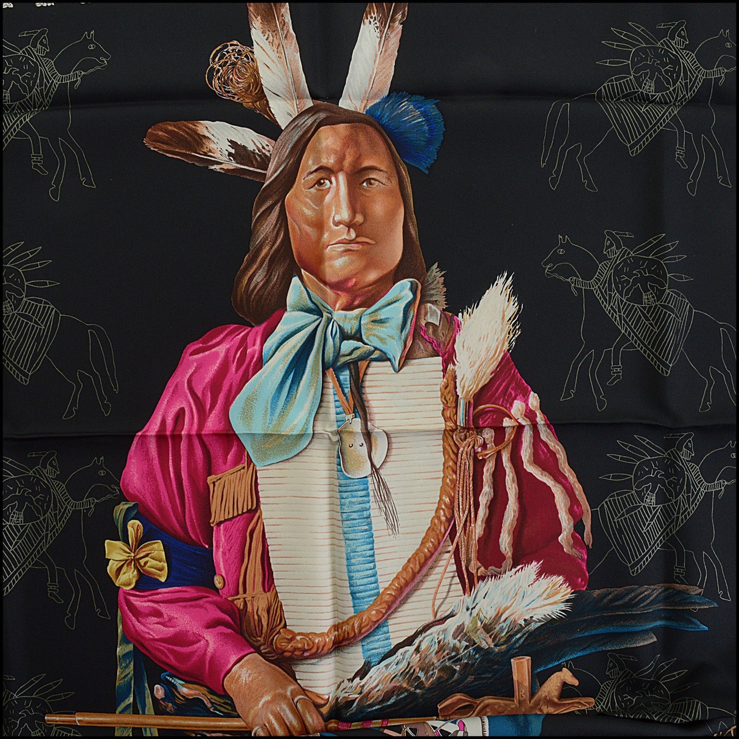 RDC14476 Hermes 90cm "Pani La Shar Pawnee" Black Silk Scarf by Kermit Oliver