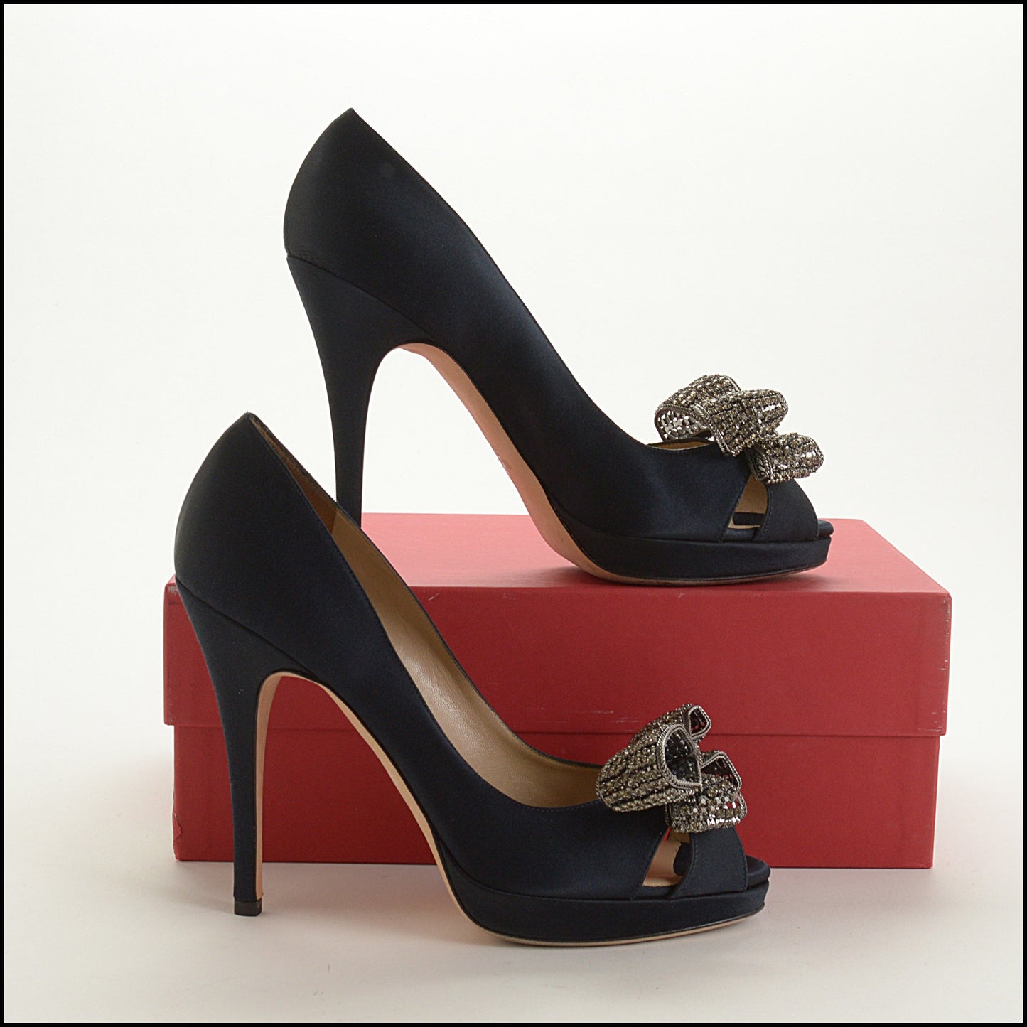 RDC15539 VALENTINO Black Satin Crystal Bow Peeptoe Pumps Size 40