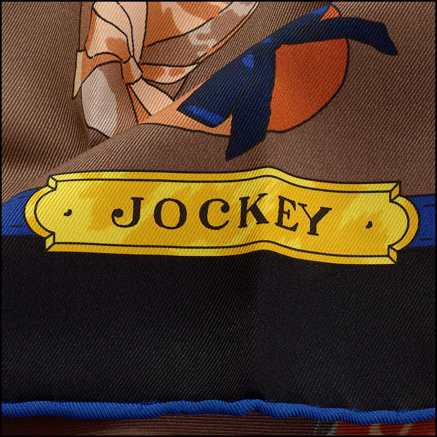 RDC15456 HERMES '15 Black/Blue/Taupe "Jockey" 70cm Silk Scarf
